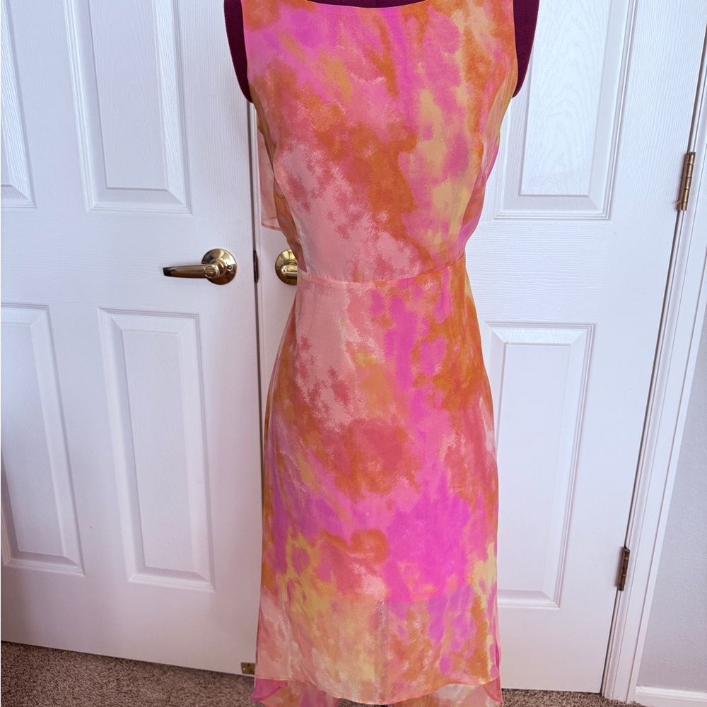 Jessica Simpson Pink and Orange Watercolor Midi Dress with Open back.